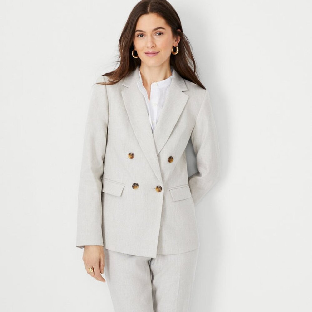 Petite Tailored Double Breasted Long Blazer In Linen Blend